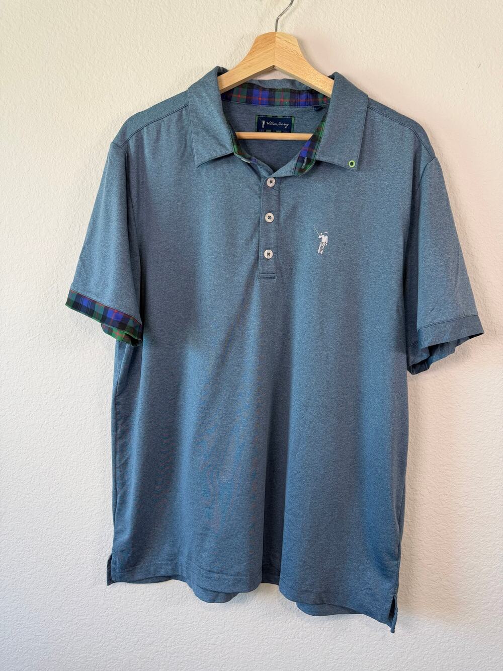 William Murray Golf Murray Signature Blue Tartan Plaid Trim Polo Shirt Men's Lg